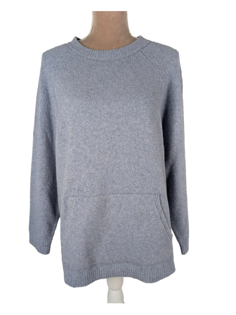 J Jill Pure Jill Boucle Sweater Blue Sz PL Kangaroo Pocket Cozy Comfort Classic